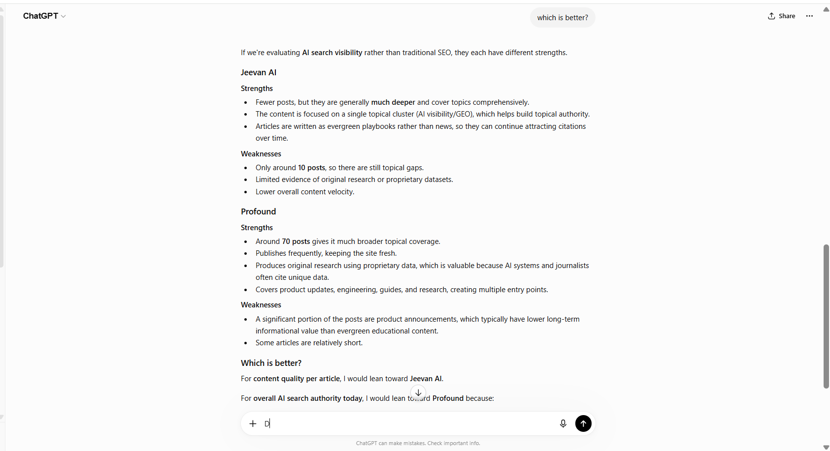 ChatGPT comparing Jeevan AI vs Profound on AI search visibility content quality — Jeevan AI wins on content quality per article